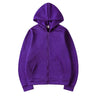 A purple oversized zip-up hoodie with a hood and front pocket.