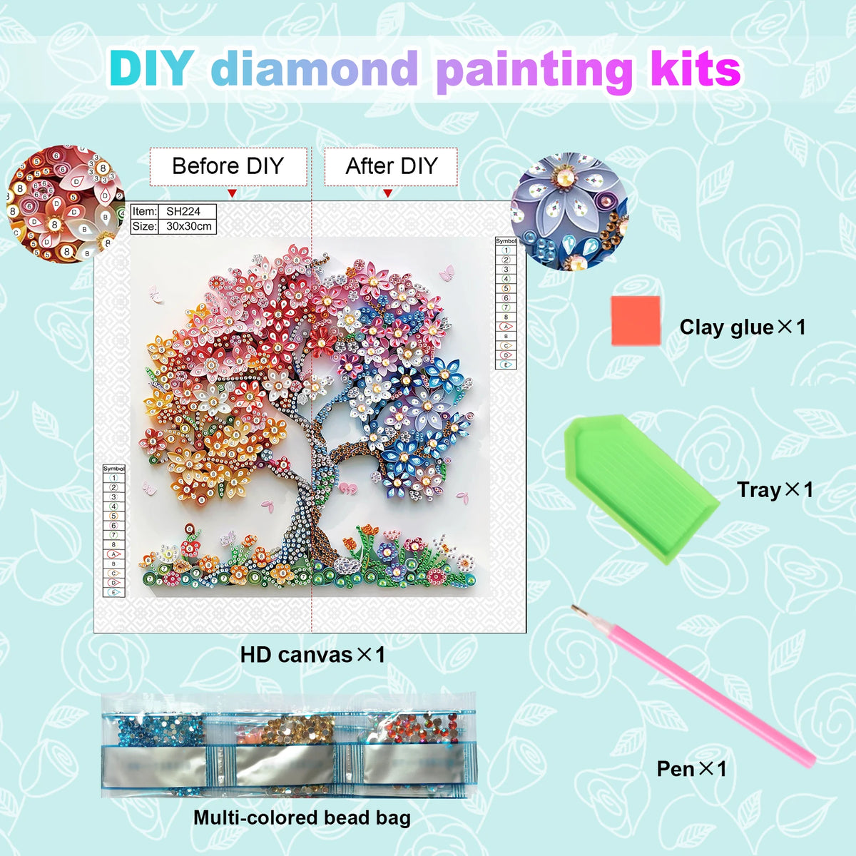 DIY diamond painting kit showing before and after results, including beads, clay glue, tray, canvas, and pen.
