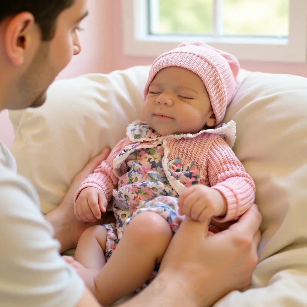 A newborn baby wearing a pink knitted hat and floral outfit is being held by an adult in a soft, light-colored setting.