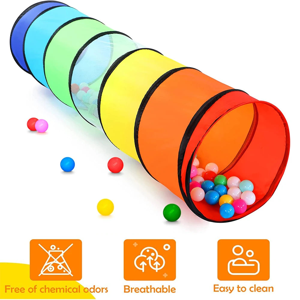Colorful pop-up play tunnel in various bright colors, showing its flexible tube design.