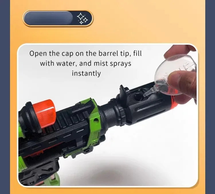 A hand is shown operating an LED light-up water mist blaster toy gun, preparing to spray water from the barrel tip.