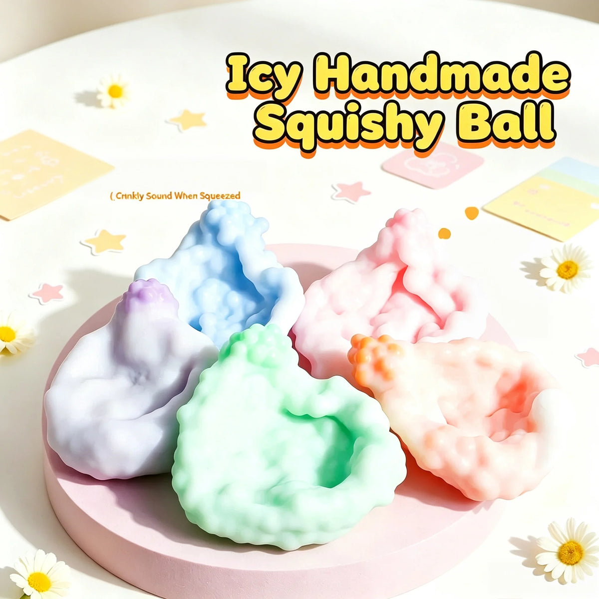 A collection of handmade squishy balls in various pastel colors, including blue, pink, and green, displayed on a light surfac