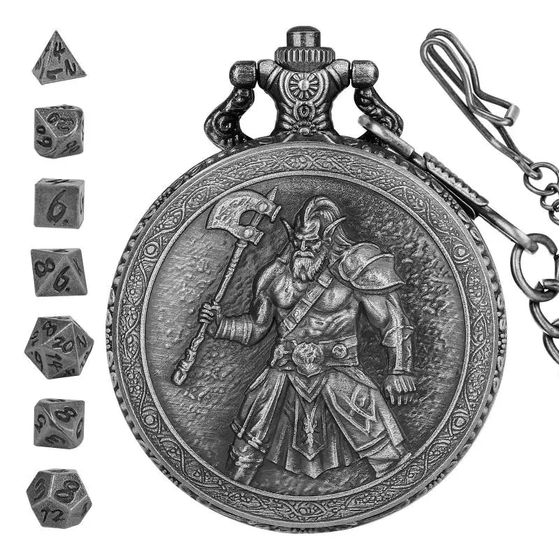Metal Polyhedral Dice Set with Pocket Watch Case