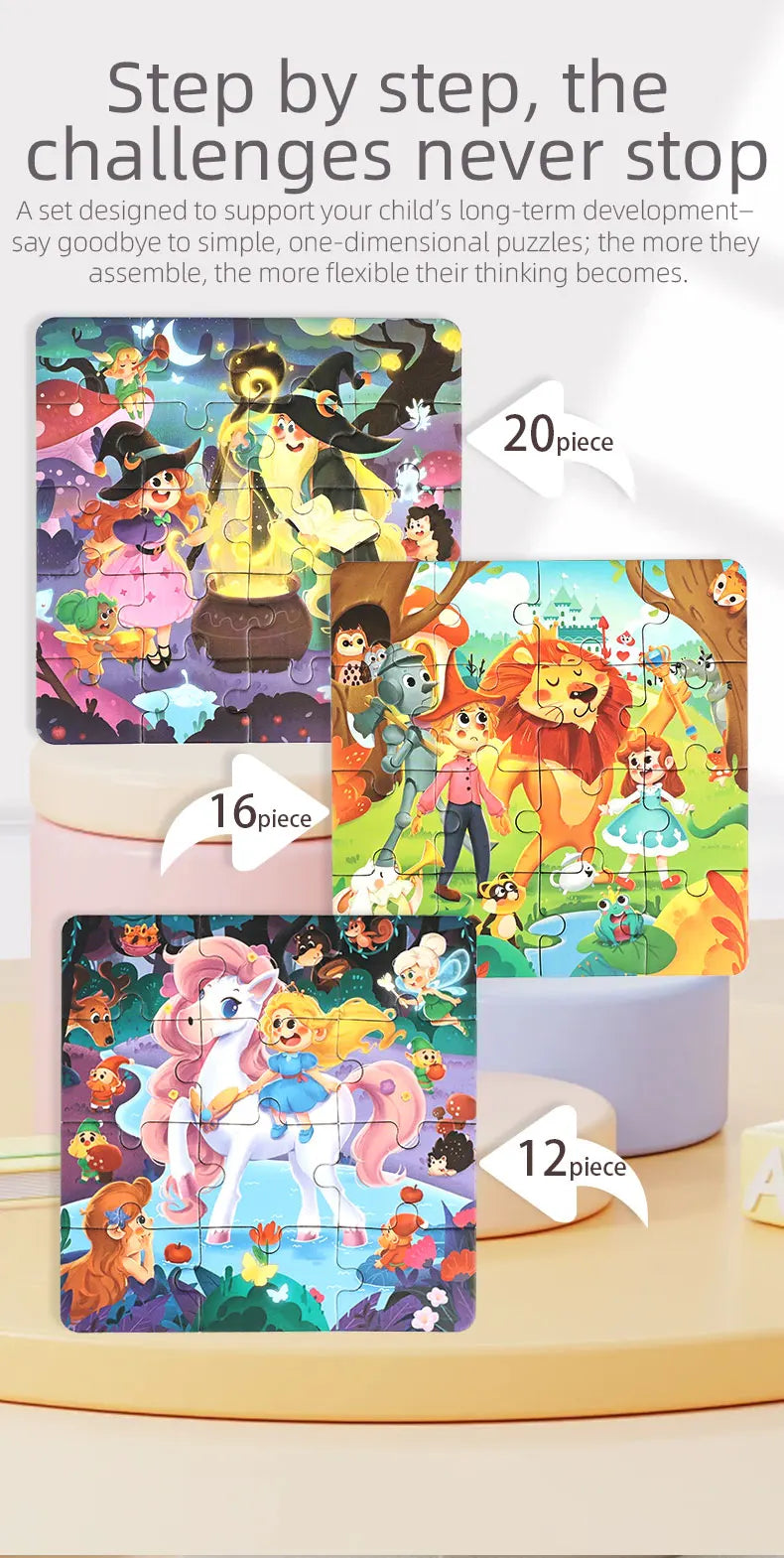 A set of folding magnetic puzzles featuring fantasy characters, demonstrating challenges for long-term development.