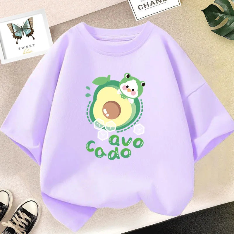 Light purple graphic t-shirt featuring a cute avocado design and the text avocado