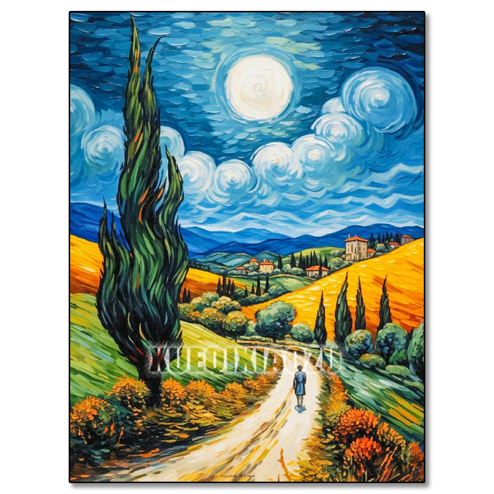 Van Gogh Starry Night diamond art painting kit featuring a vibrant night sky and rolling hills.