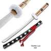 A wooden katana sword with a white blade and gold hilt, featuring a red grip and decorative markings.