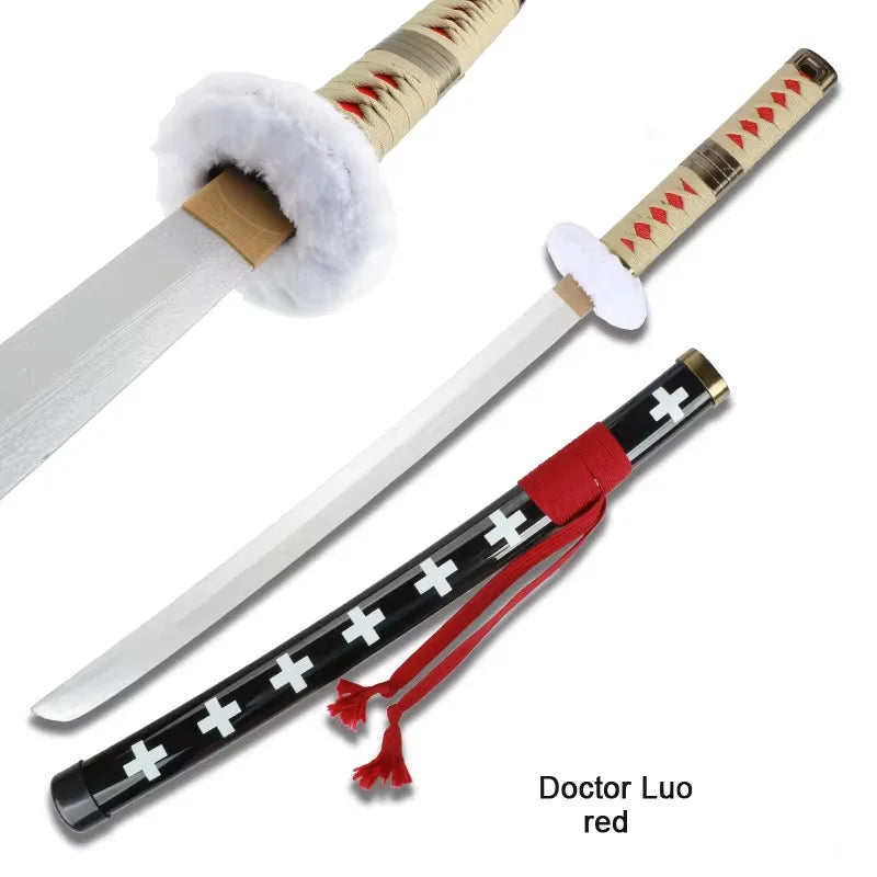 A wooden katana sword with a white blade and gold hilt, featuring a red grip and decorative markings.