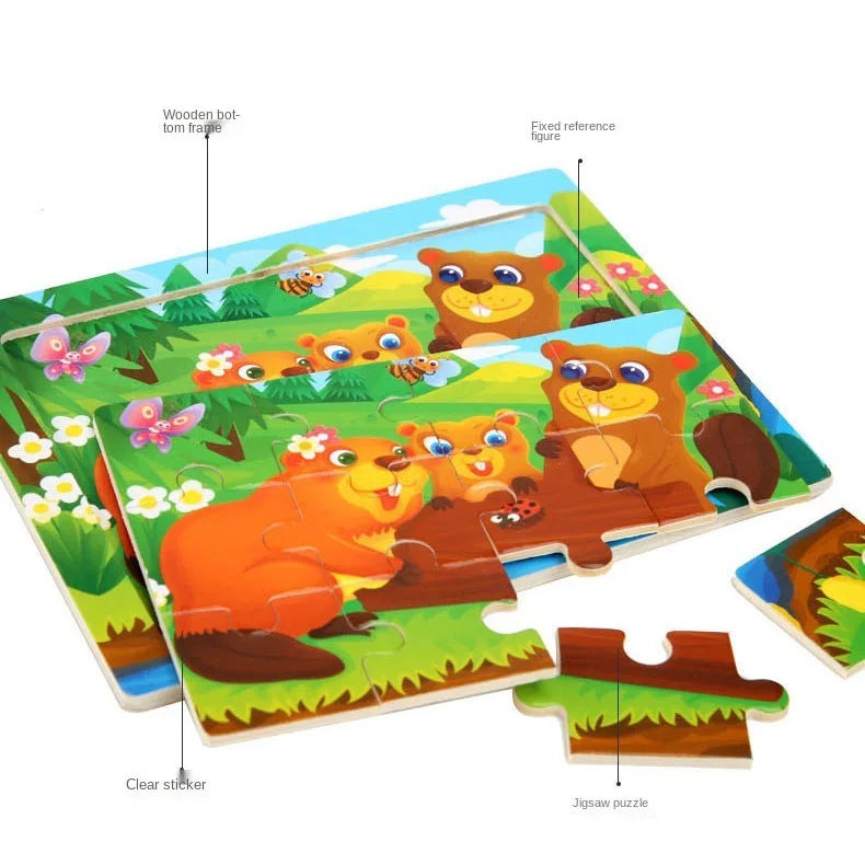 Wooden Animal Jigsaw Puzzles for Toddlers (Set of 12)