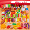 A colorful set of 109 barbecue grill food items including sausages, vegetables, and meats for pretend play.