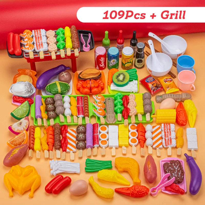 A colorful set of 109 barbecue grill food items including sausages, vegetables, and meats for pretend play.