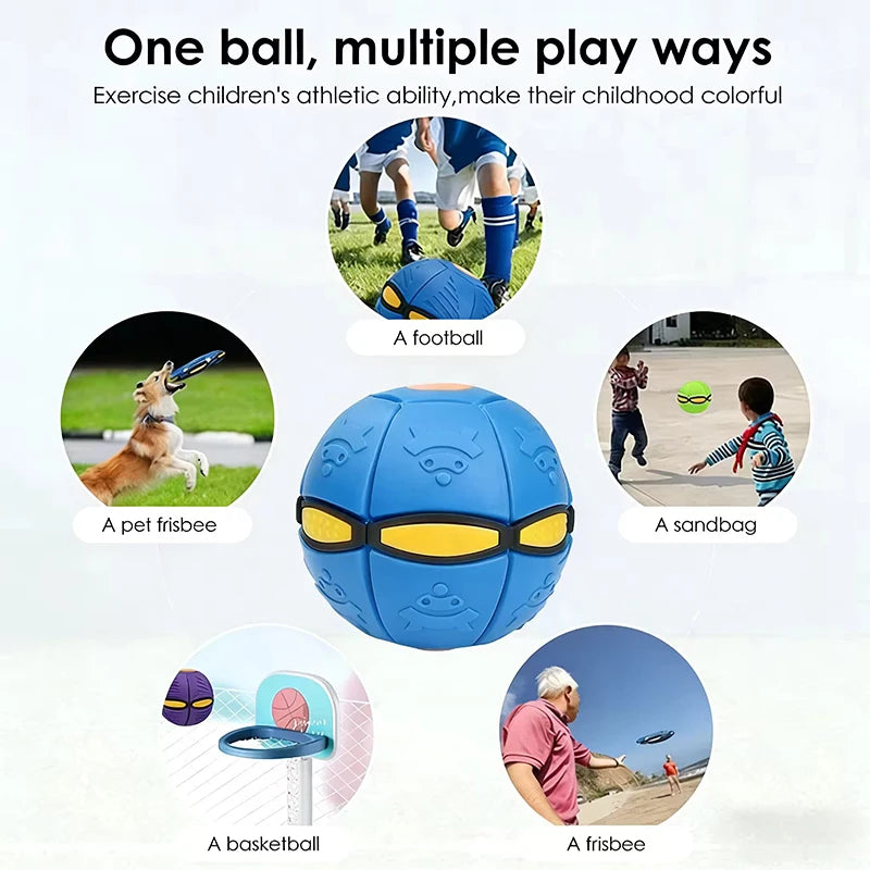 A blue squeeze-and-throw flying saucer ball used for various athletic play activities.