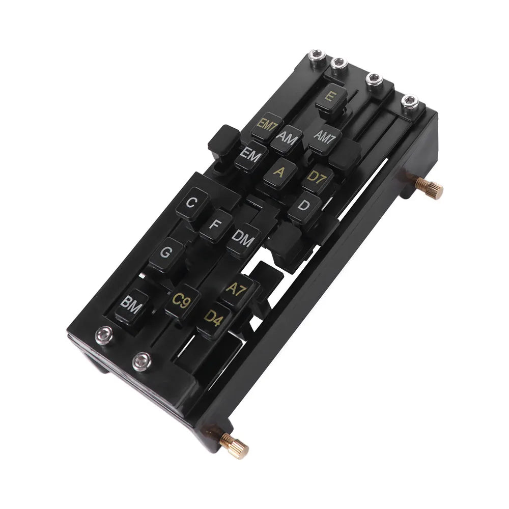 A black beginner guitar chord trainer with various fret buttons and tuning pegs.