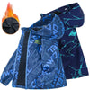 Blue waterproof winter jacket for kids with a hood and black trim, shown next to a flame.