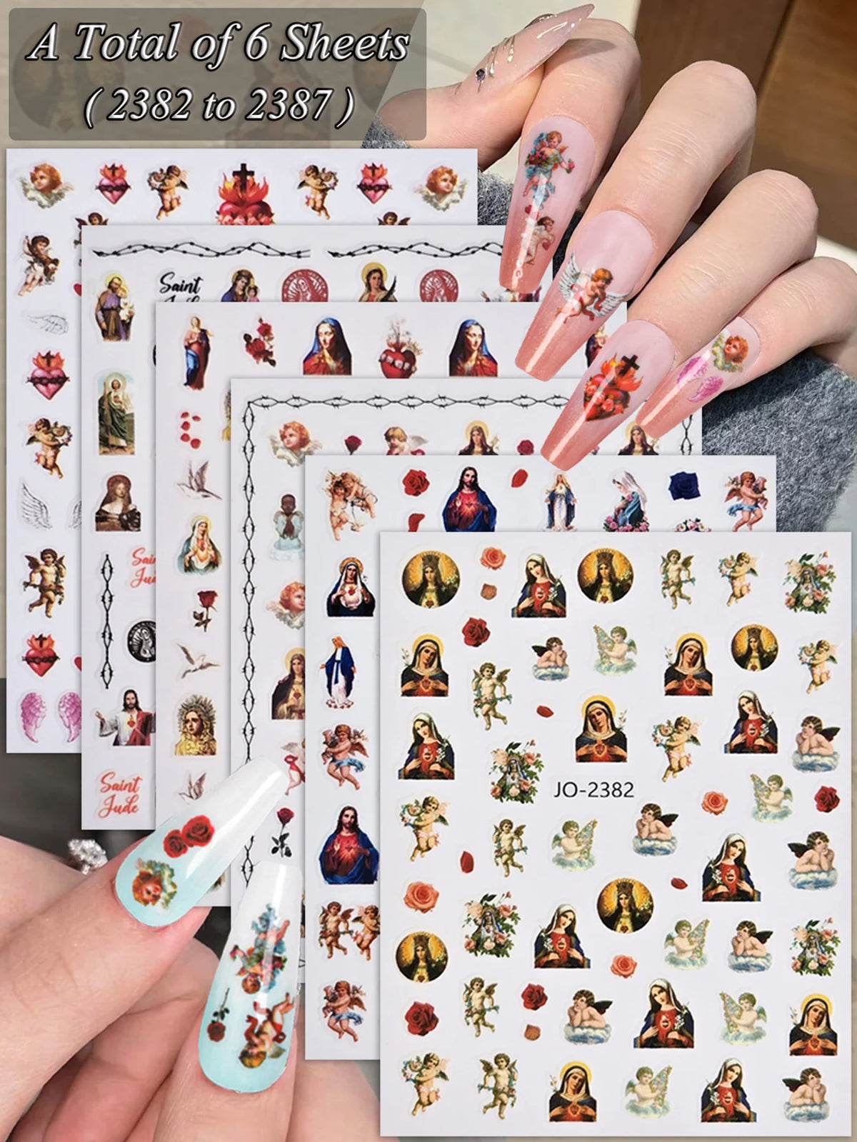 A set of 6 sheets of vintage angel and saint nail art stickers featuring cherubs and crosses