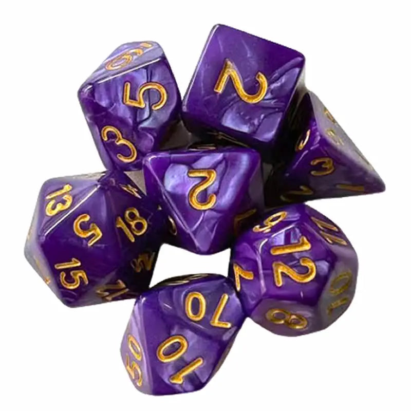 A set of seven purple polyhedral dice used for tabletop games and role-playing.