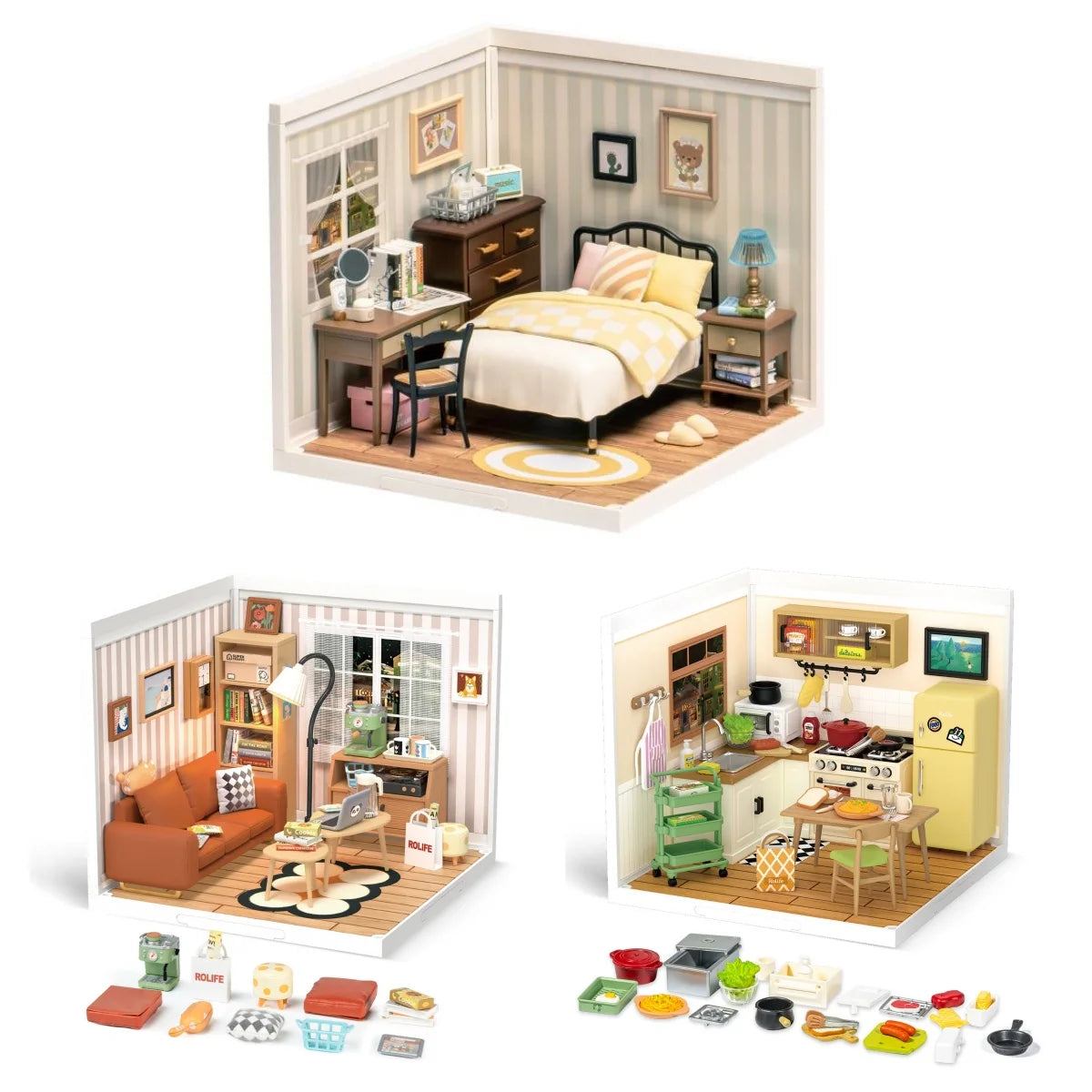 A DIY miniature dollhouse kit featuring a sweet dream bedroom with furniture and LED lighting components.