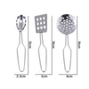 Stainless steel play kitchen set with three different sized ladles and a strainer