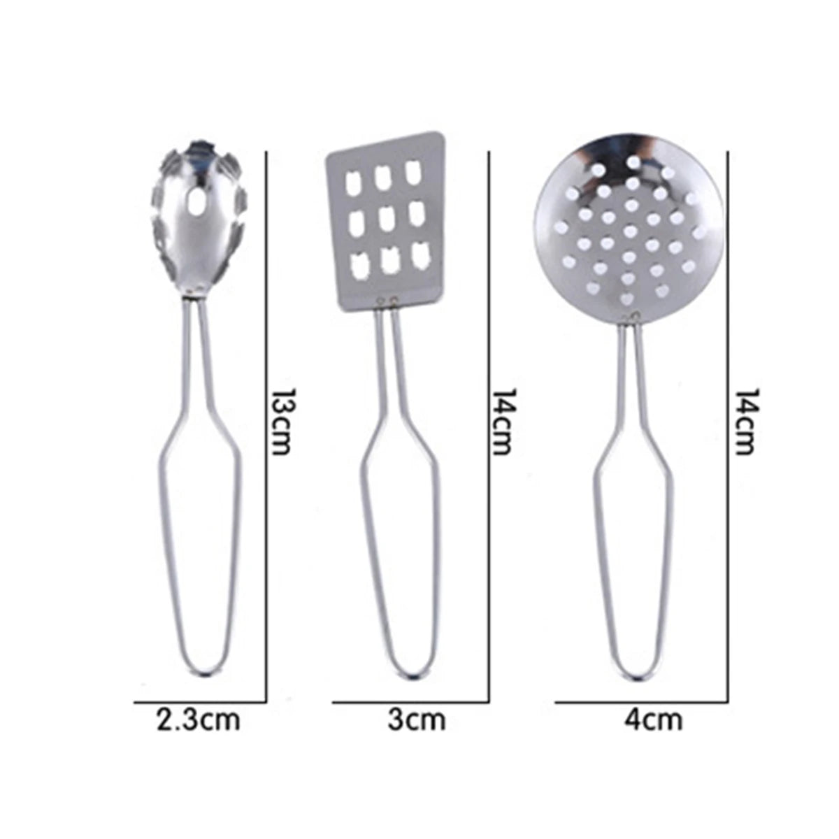 Stainless steel play kitchen set with three different sized ladles and a strainer