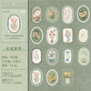 A sheet of vintage floral stickers featuring various flowers and botanicals for scrapbooking and journaling.