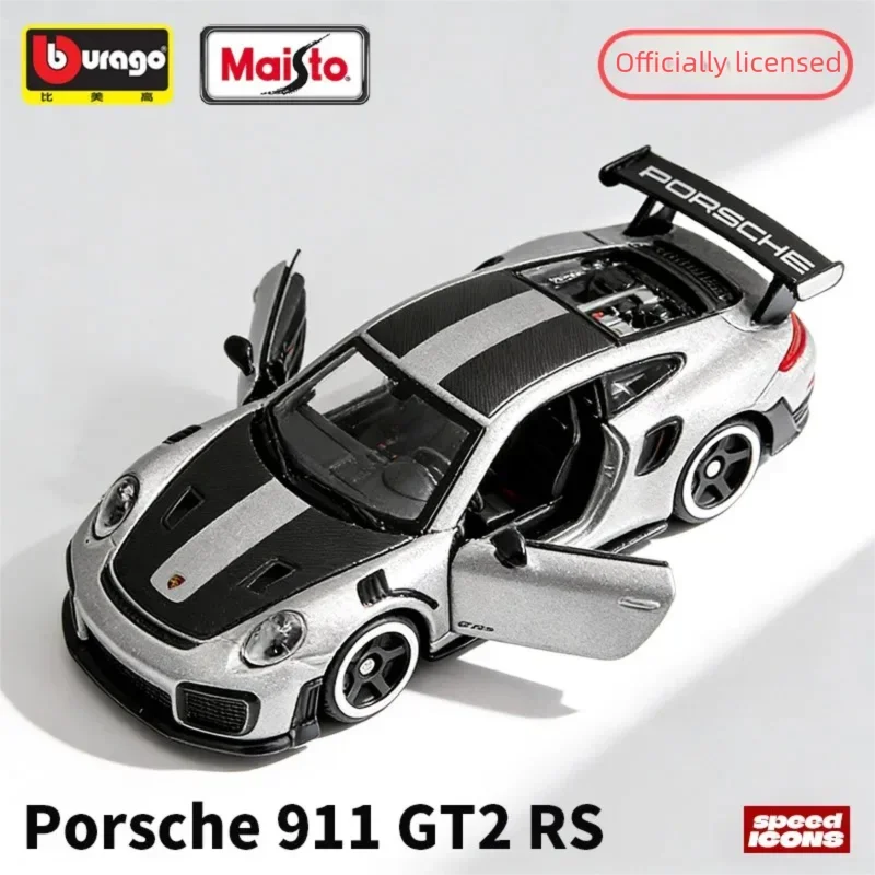 A diecast model of a Porsche 911 GT2 RS in silver and black finishes.
