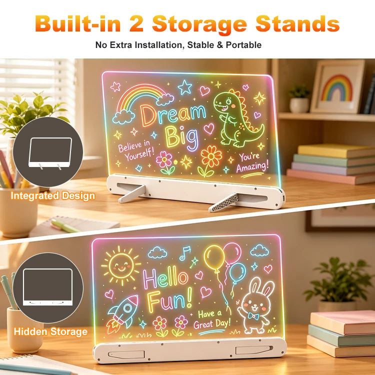 A colorful LED drawing board with a rainbow, dinosaur, and sun design displayed on a white stand.