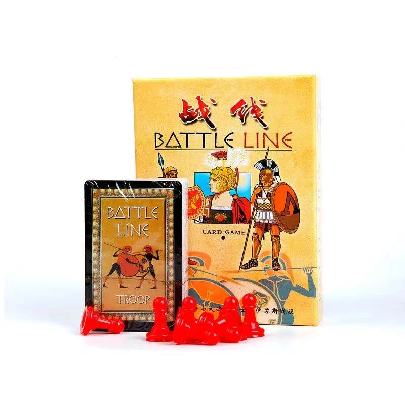A box of the Battle Line card game featuring artwork of ancient warriors and a pile of red tokens.