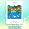 A sheet of Minigem diamond painting featuring a landscape scene, with size information and instructions.