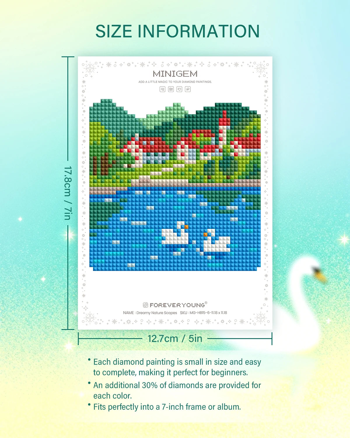 A sheet of Minigem diamond painting featuring a landscape scene, with size information and instructions.