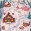 A painting depicts a snowy winter scene with wooden houses, evergreen trees, and festive holiday elements.