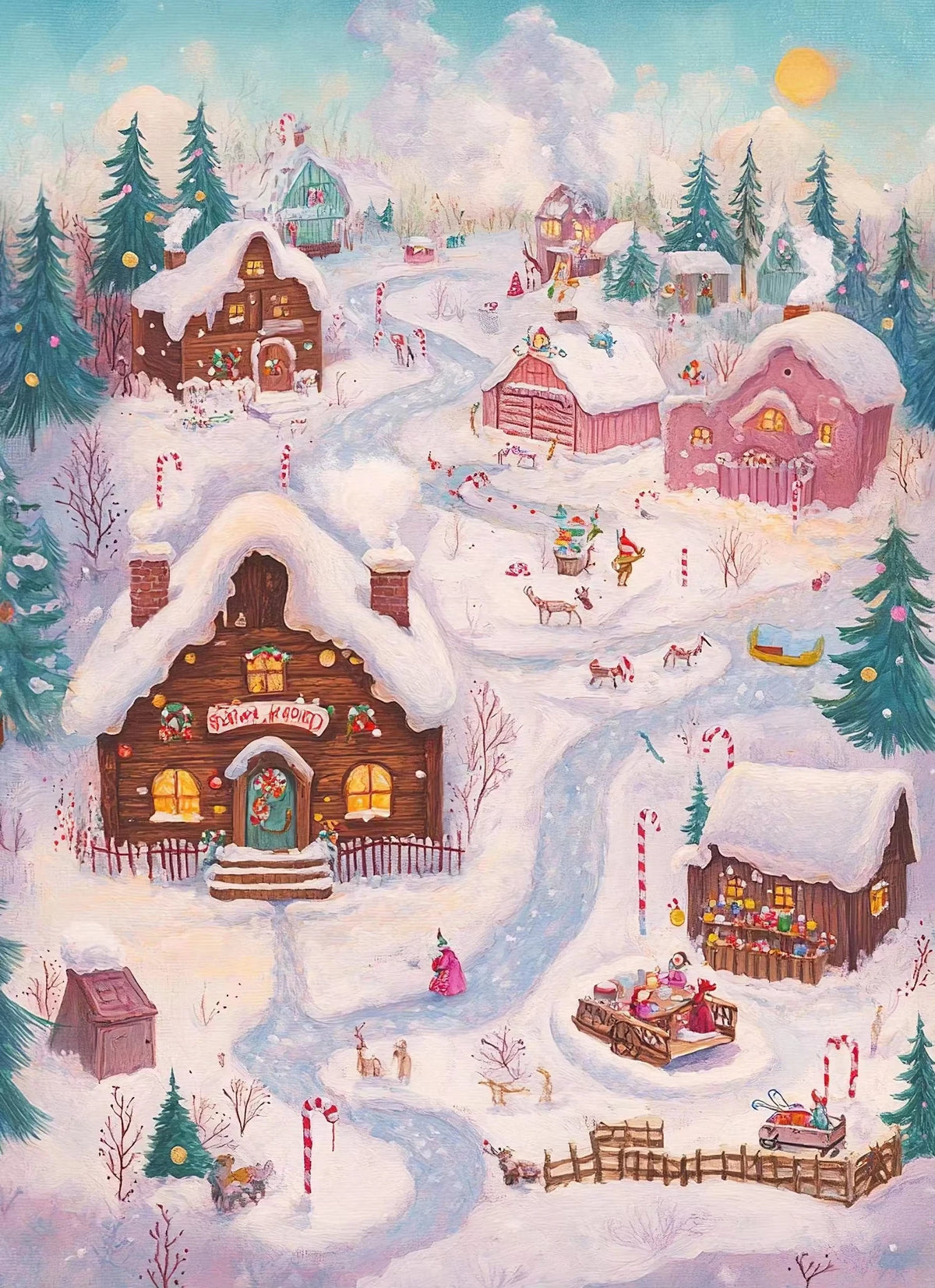 A painting depicts a snowy winter scene with wooden houses, evergreen trees, and festive holiday elements.