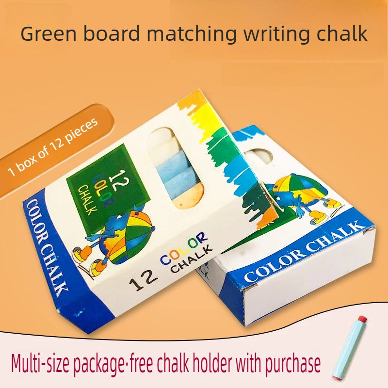 A box of green board matching writing chalk pieces is shown next to a single piece of chalk.