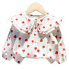 White long-sleeve shirt for a baby girl with a strawberry print and Peter Pan collar