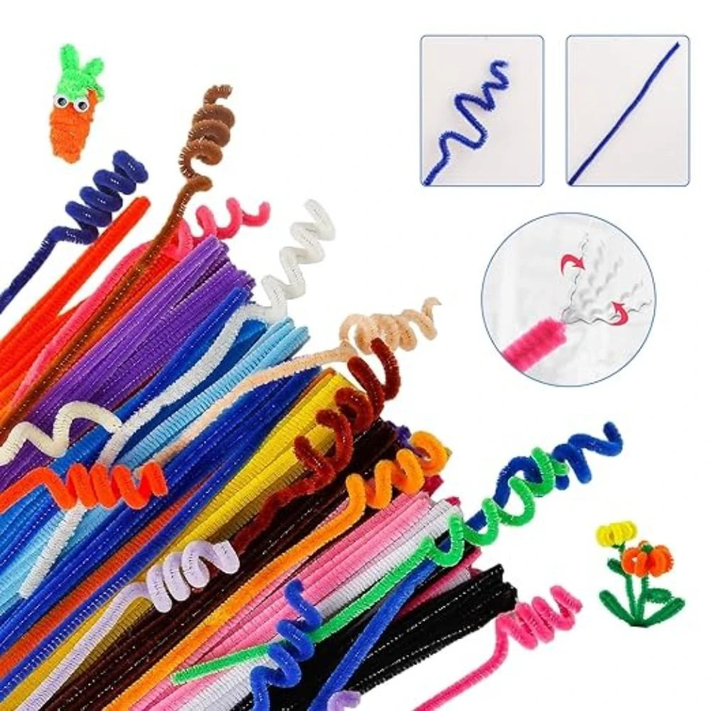 A collection of colorful chenille stem pipe cleaners and a single blue line demonstrating their flexibility for DIY crafts.