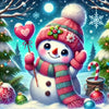 A cute snowman wearing a knitted hat and scarf stands in a snowy winter scene with Christmas trees.