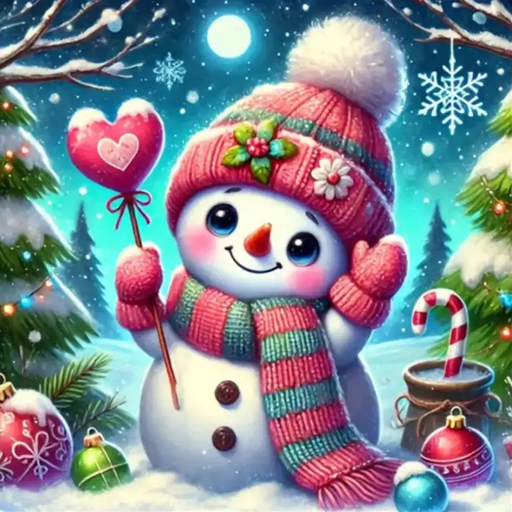 A cute snowman wearing a knitted hat and scarf stands in a snowy winter scene with Christmas trees.