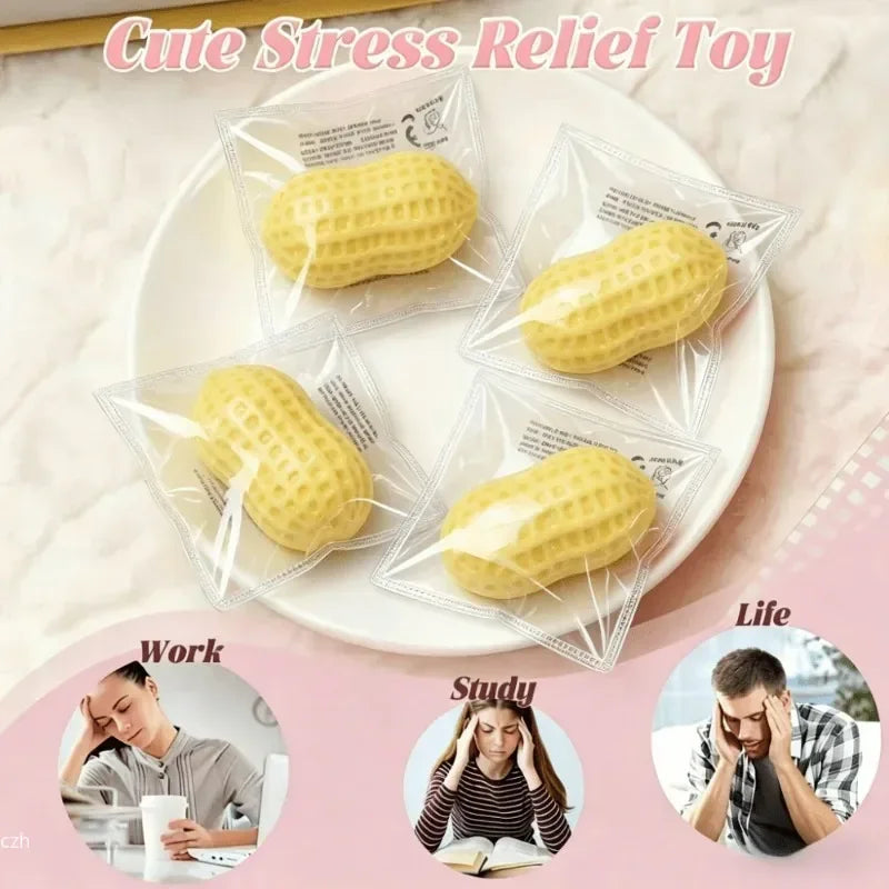 Yellow food-shaped squishy toys packaged in clear plastic on a white plate for stress relief
