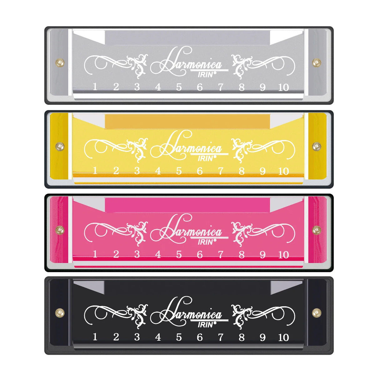 Four colored 10-hole harmonica keys showing the numbers 1 through 10 for beginners