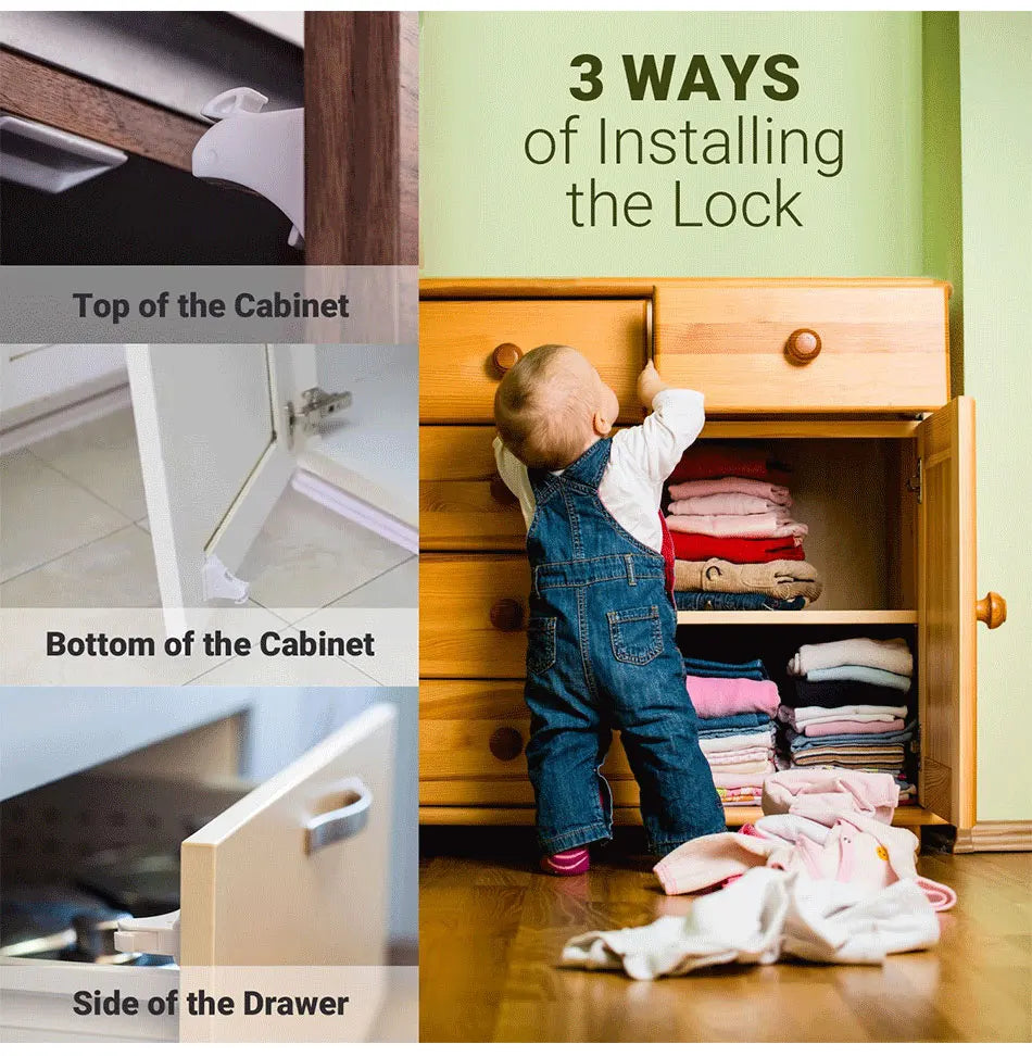 Three ways to install a magnetic cabinet and drawer safety lock on a wooden cabinet.