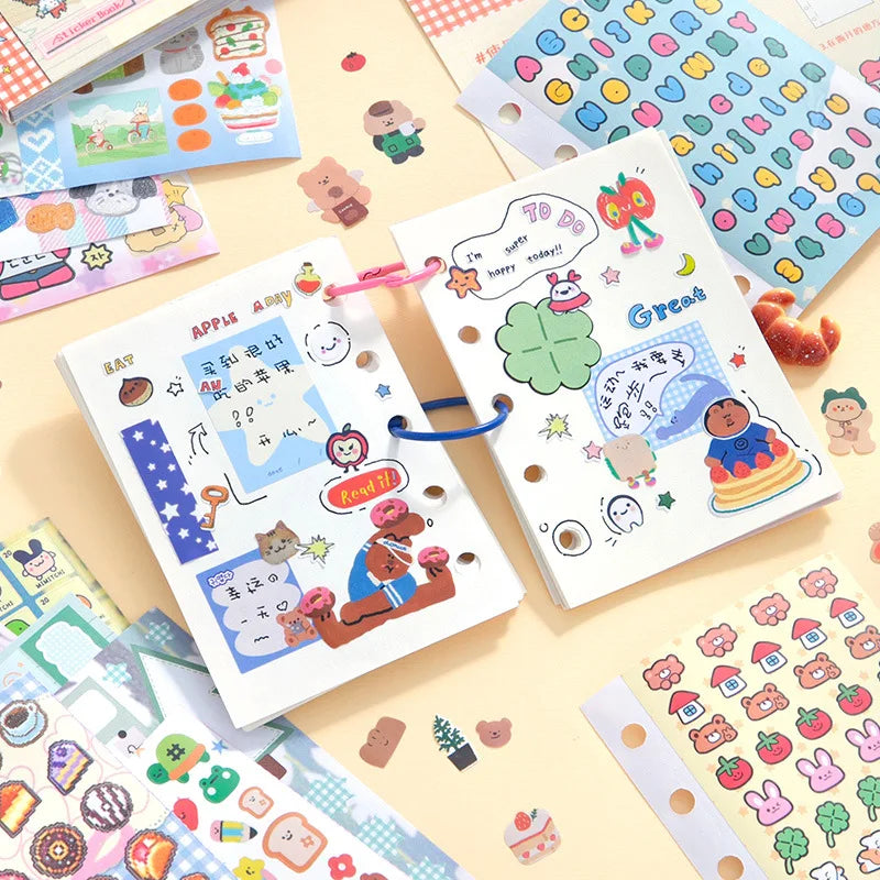 A collection of kawaii cartoon stickers and writable notes for DIY scrapbooking laid out on a light background.
