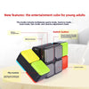 A black fidget puzzle cube with colorful modules is shown on a white surface.