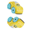 A yellow bath toy car with blue wheels and features on the hood for kids