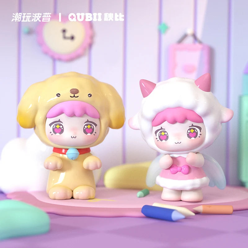A QUBII Autumn Animal Castle blind box collectible figure of a yellow puppy and a white cat.