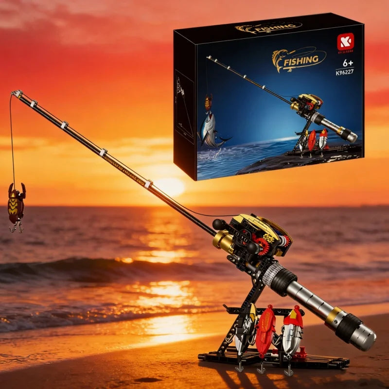 A fishing rod and reel DIY construction kit set displayed against a sunset backdrop.