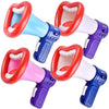A set of colorful voice-changing megaphone toys for kids, featuring red and purple handles and white mouth openings.