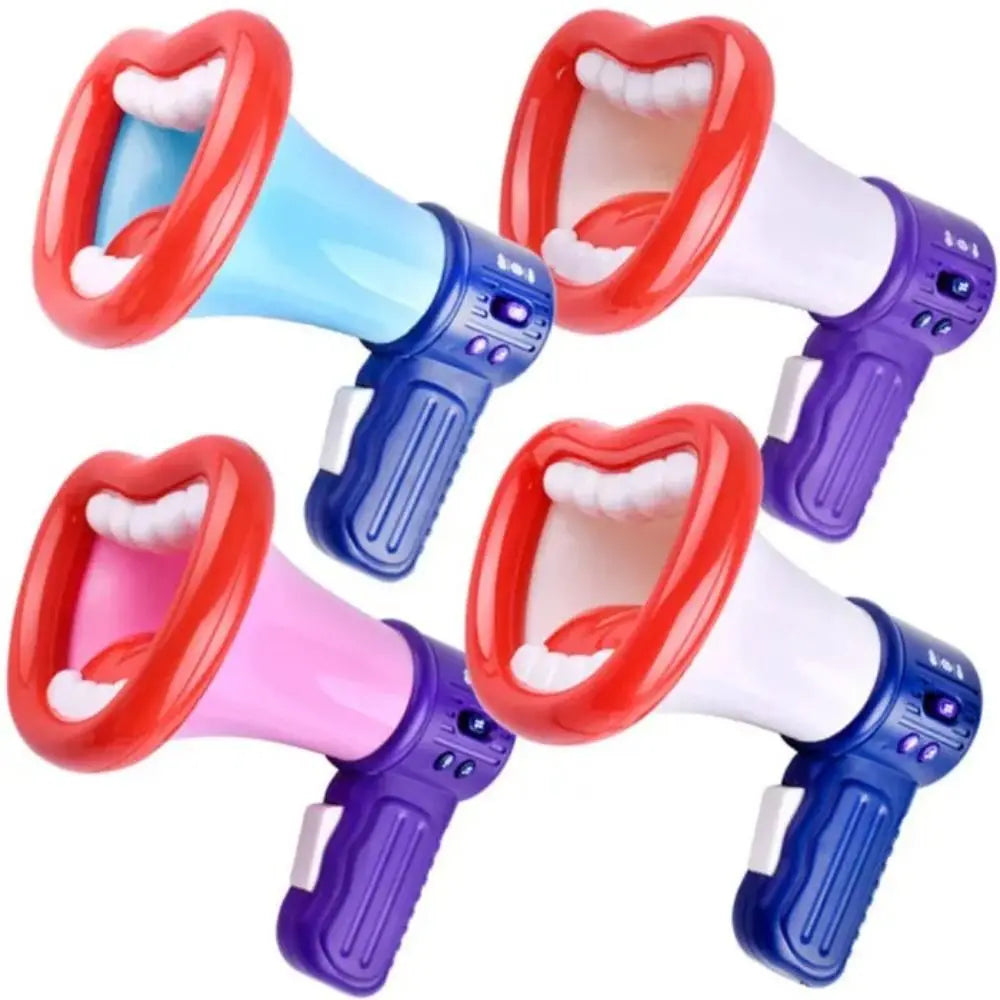 A set of colorful voice-changing megaphone toys for kids, featuring red and purple handles and white mouth openings.