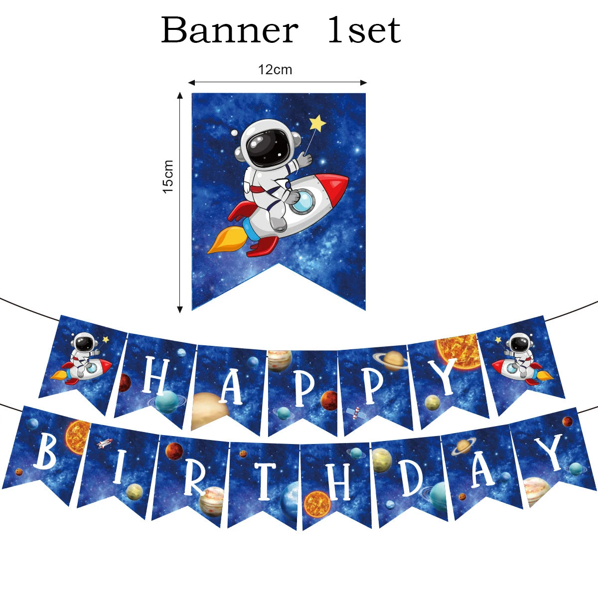 Banner set featuring an outer space astronaut theme with a rocket and stars for a birthday celebration