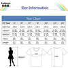 Size chart showing measurements for various sizes of an avocado and lemon graphic tee.