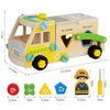 A wooden toy truck playset with various tools and building pieces for pretend play.