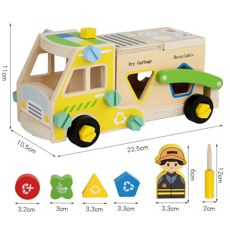 A wooden toy truck playset with various tools and building pieces for pretend play.